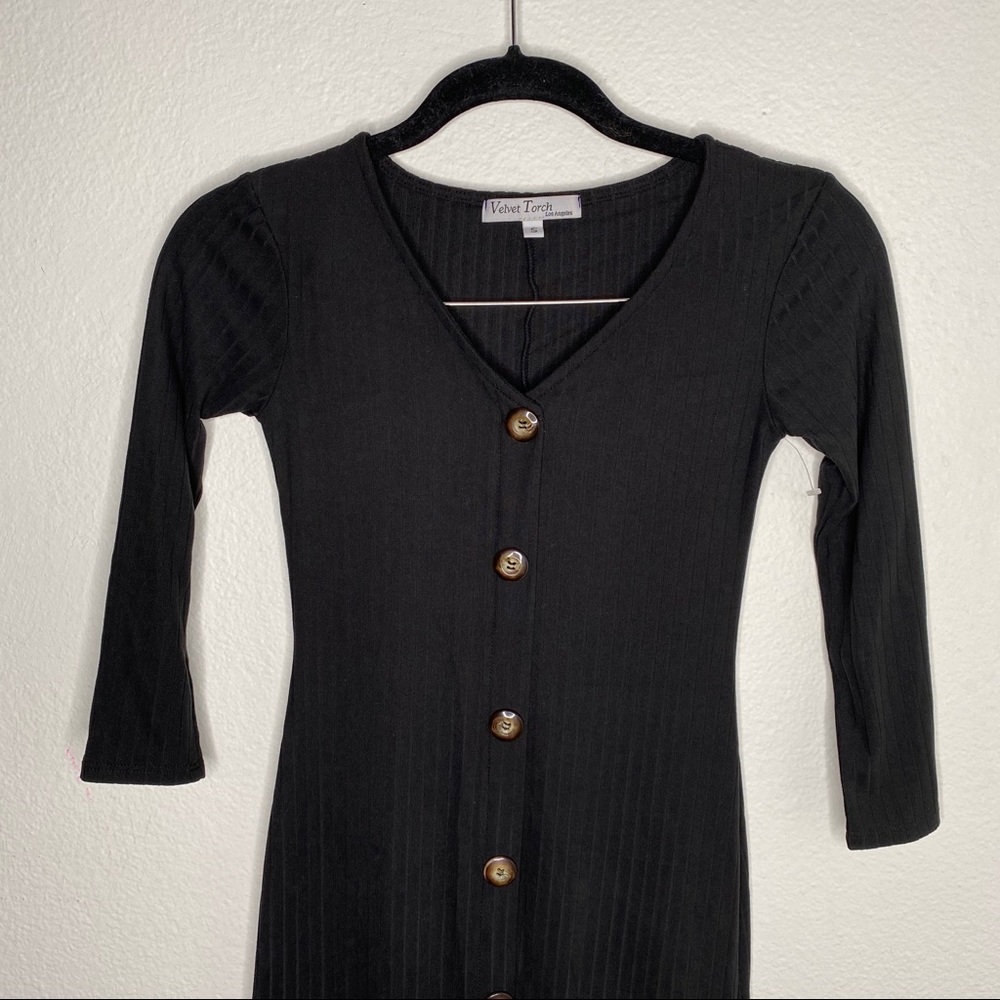 Velvet torch V-Neck Button Front Ribbed Midi dress - Picture 3 of 9